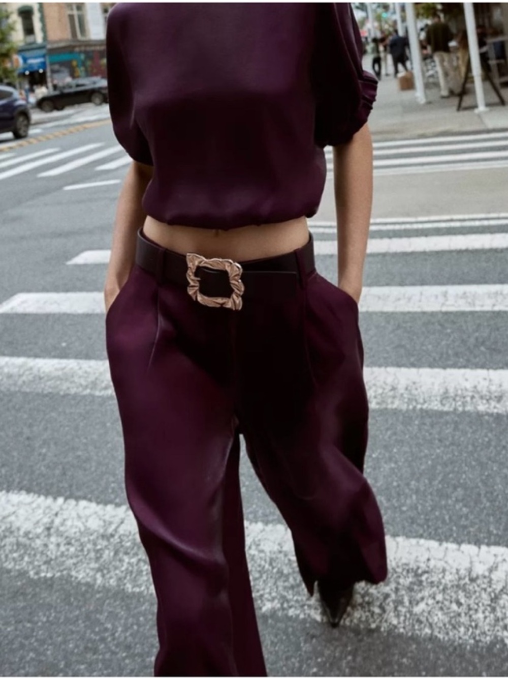 Zara Terez Wide-Leg Satin Jumpsuit in Plum with Gold Buckle
